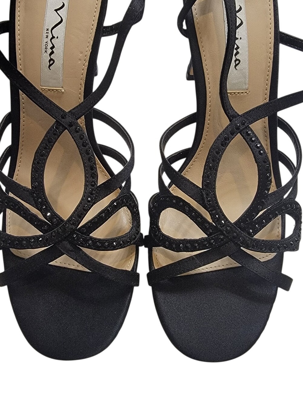 NINA BLACK STRAPPY DRESS SANDALS WITH RHINESTONE ACCENTS Size 8-1/2 - Picture 3 of 5